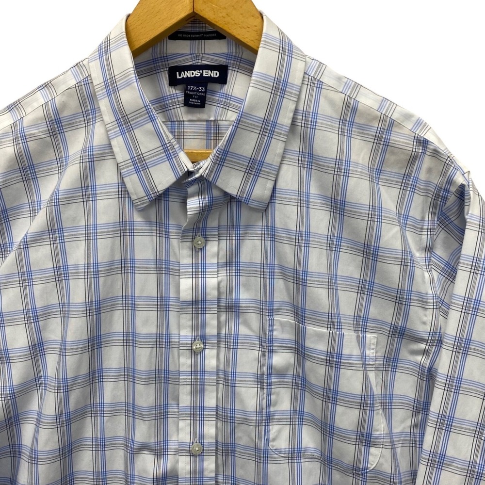 Lands' End Mens Blue Plaid Supima Cotton No Iron Dress Shirt 17.5-33 Traditional - Picture 1 of 12
